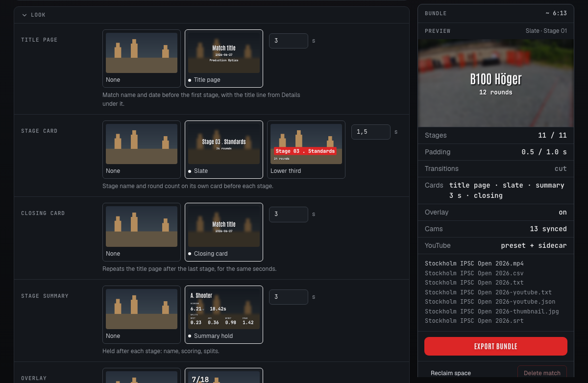 The export page: the Look gallery with a tile per card and effect, and the rail previewing the stage slate over the shooter's own footage